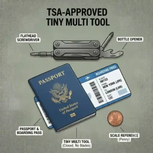 A travel-friendly tiny multi tool without blades placed next to a passport and a boarding pass.