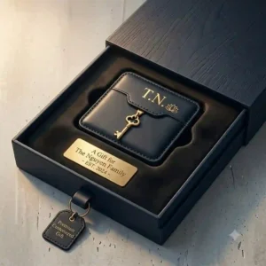A luxury black gift box packaging opening up to reveal a premium leather key holder customized for a special occasion.
