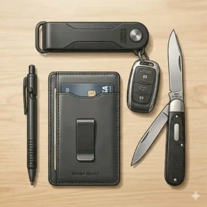 An everyday carry pocket layout featuring a leather wallet, a pocket knife, and a black key caddy organizer.