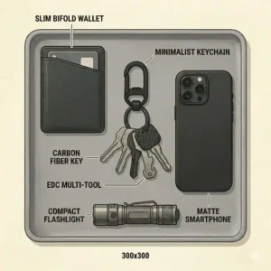 A flat lay illustration of a minimalist keychain as part of a curated daily carry setup.