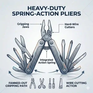 A fanned-out close-up fanning fanned fanned plier jaws on the knifeless multi tool, detailing fanned fanned texturing and fanned action.