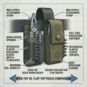 A comparison illustration showing an open-top quick-draw multitool sheath next to a secure push-button flap style.