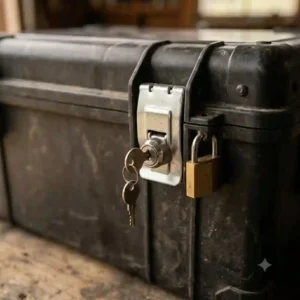Close-up of a secure, lockable latch mechanism on a heavy-duty tool box for travel.