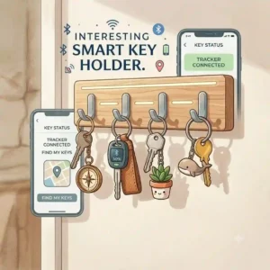 A high-tech entryway organizer with interesting key holders that feature tile trackers and integrated LED lighting.