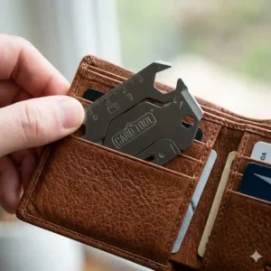 A flat, credit card style miniature multi tool being slipped easily into a leather wallet slot.
