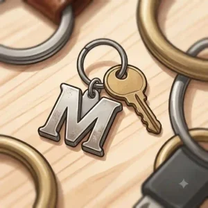 An exquisite illustration of a premium valet best keychain for car keys with a large split ring and a personalized metal 'M' initial.