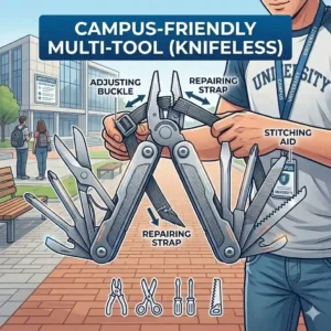 A student on a campus plaza fanning fanned strap repair on a backpack, precisely fanning fanned multi tool without knife blade pliers.