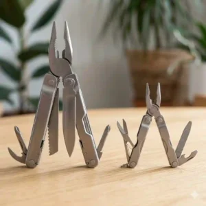 A side-by-side comparison of a full-sized heavy-duty utility plier and a lightweight miniature multi tool.