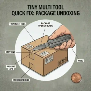 An illustration of a hand using the package opener function of a tiny multi tool to unbox a delivery package.