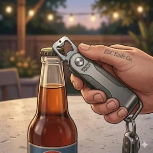 A stainless steel key caddy with a built-in bottle opener extension being used at an outdoor gathering.