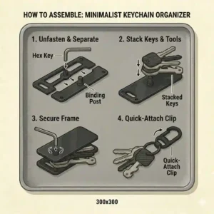 A sequential illustration guide showing how to build and maintain your minimalist keychain.