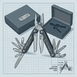 A line art illustration of a personalized custom multi tool with initials engraved on the handle, perfect for unique groomsmen or Father's Day gifts.