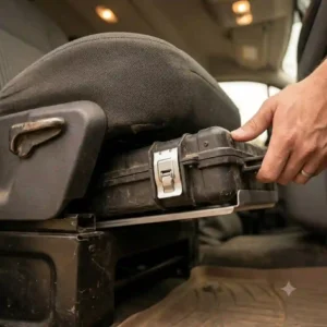 A slim-profile tool box for travel designed to fit neatly under a vehicle passenger seat.