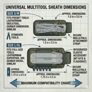 Sizing chart illustration showing how a universal multitool sheath fits various standard pocket tool brands.