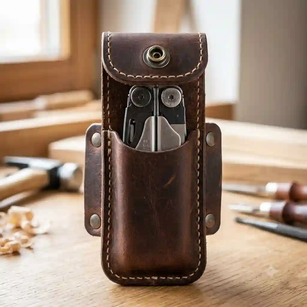 Tradesman on a busy work site wearing a multi tool sheath leather for convenient access.