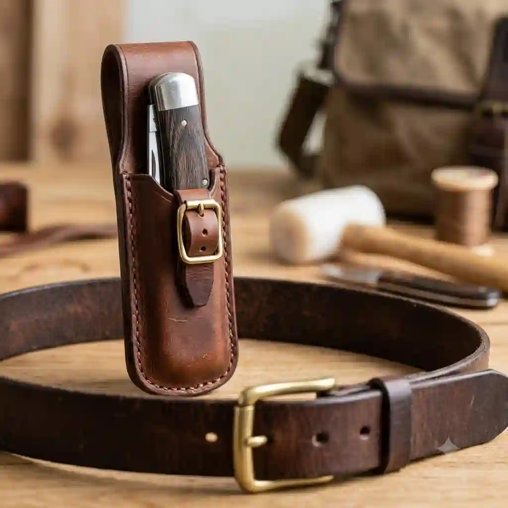 Handmade brown leather belt sheath holding a folding pocket knife attached to a rugged work belt.