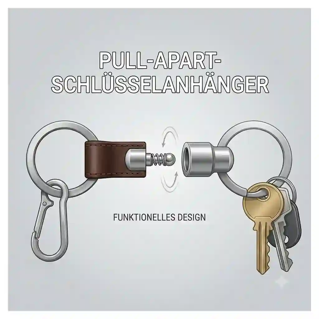 A close-up of a premium leather and stainless steel pull apart keychain being detached into two separate rings.