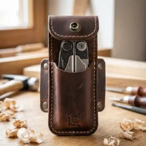 Close-up of durable stitching on a dark brown multi tool sheath leather detail.