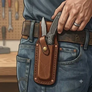 Brown leather belt sheath pouch designed for a stainless steel everyday carry multitool.