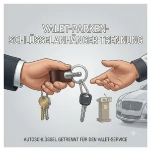 An illustration showing a driver detaching their car key from a pull apart keychain to hand over to a valet attendant.
