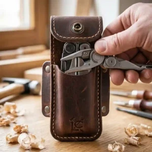 Demonstration of the precise fitment and insertion of a multi tool into a custom multi tool sheath leather.
