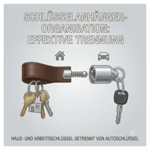 A colorful graphic showcasing a pull apart keychain dividing house keys and office keys for easy organization.