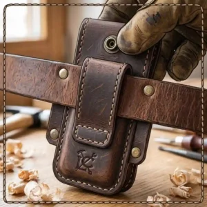A man wearing a sturdy multi tool sheath leather pouch securely mounted on a leather waist belt.