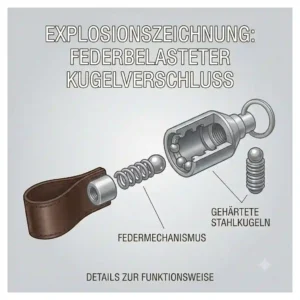 An exploded view diagram illustrating the spring-loaded ball bearing mechanism inside a heavy-duty pull apart keychain.