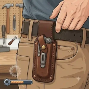 Minimalist leather EDC belt sheath organizer holding a compact pocket knife and LED flashlight.