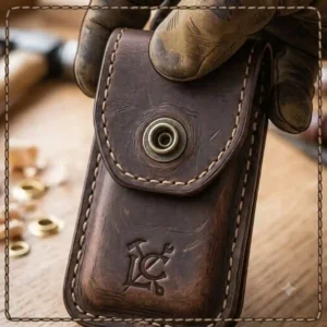 Secure brass snap closure mechanism on a functional multi tool sheath leather.