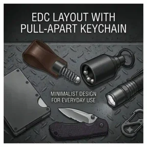 A flat-lay illustration of everyday carry essentials including a minimalist wallet, pocket knife, and a matte black pull apart keychain.