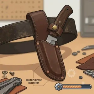 Close-up view of the heavy-duty stitched belt loop on the back of a custom knife belt sheath.
