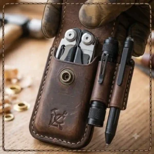 Multi-pocket everyday carry organizer featuring a multi tool sheath leather, tactical pen, and flashlight.