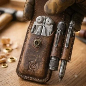 Weathered and aged patina on a high-quality full-grain multi tool sheath leather.