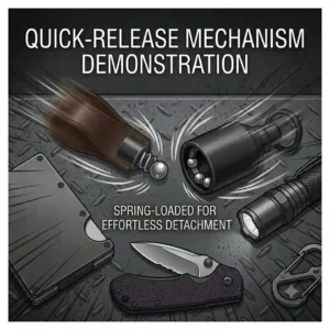 A motion-blur graphic illustrating the fast and effortless separation of a quick-release pull apart keychain.
