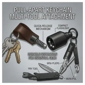 An illustration of a durable pull apart keychain holding a mini flashlight and a pocket multi-tool on one side.