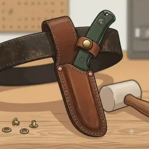 Traditional hand-stitched leather belt sheath for a fixed-blade hunting knife with a security snap strap.